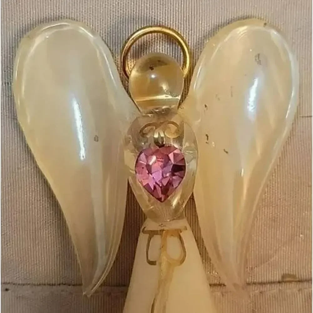 Vintage Glass Christmas Angel with Halo, Golden Painted Robe, and Pink Gem